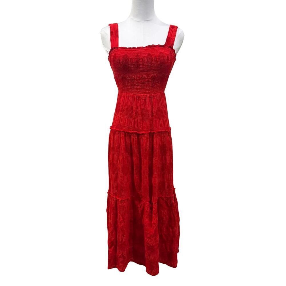 Umgee Red Smocked Cotton Maxi Dress Tiered Thick Strap Medium Resort Summer - Picture 2 of 9